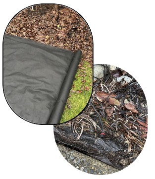 Black landscape fabric laid over a lawn.