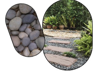 a pile of rock mulch and gravel mulched garden pathway.